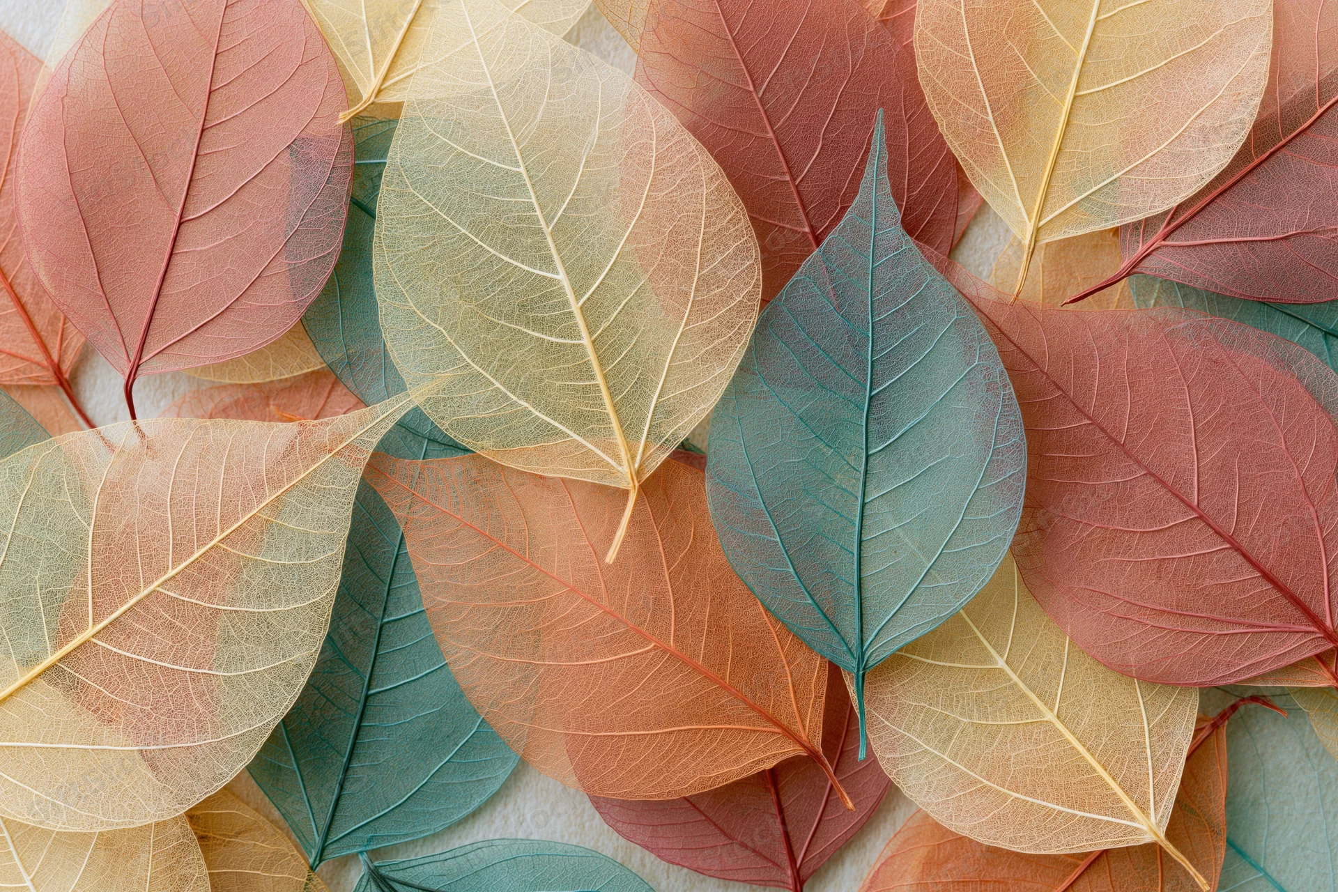Translucent skeleton leaves scattered in a flat lay arrangement on a light surface