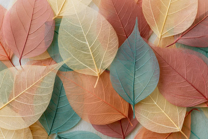 Translucent skeleton leaves scattered in a flat lay arrangement on a light surface