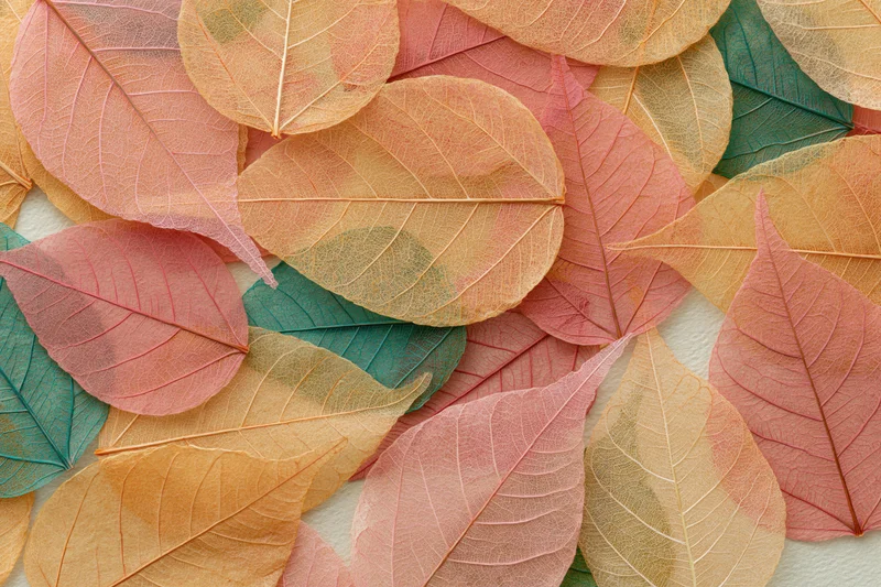 Translucent skeleton leaves scattered across a white surface in a flat lay arrangement