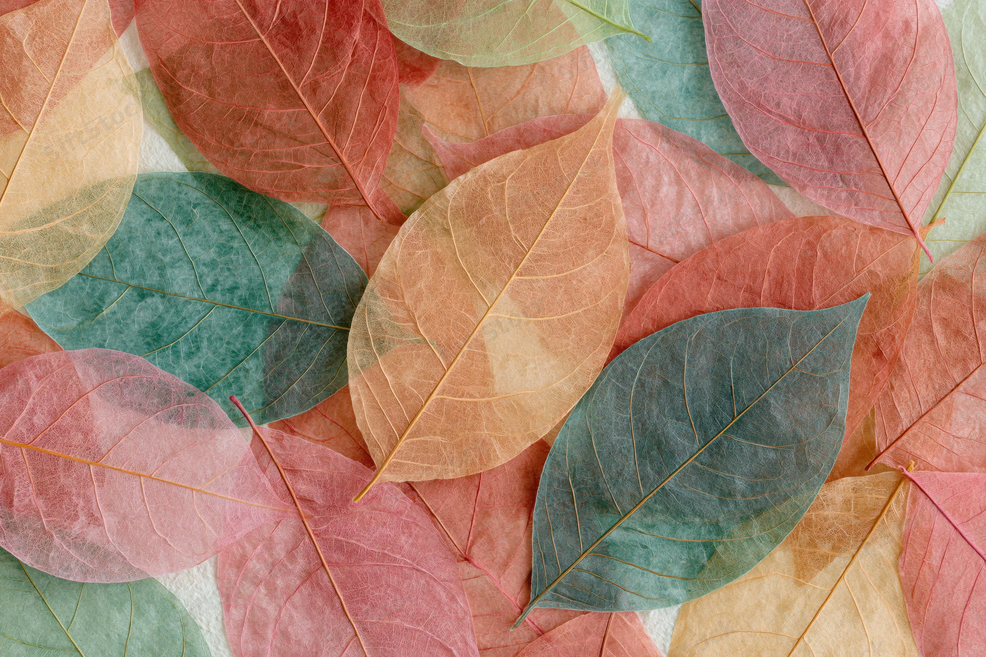 Translucent skeleton leaves scattered in overlapping layers on a light surface