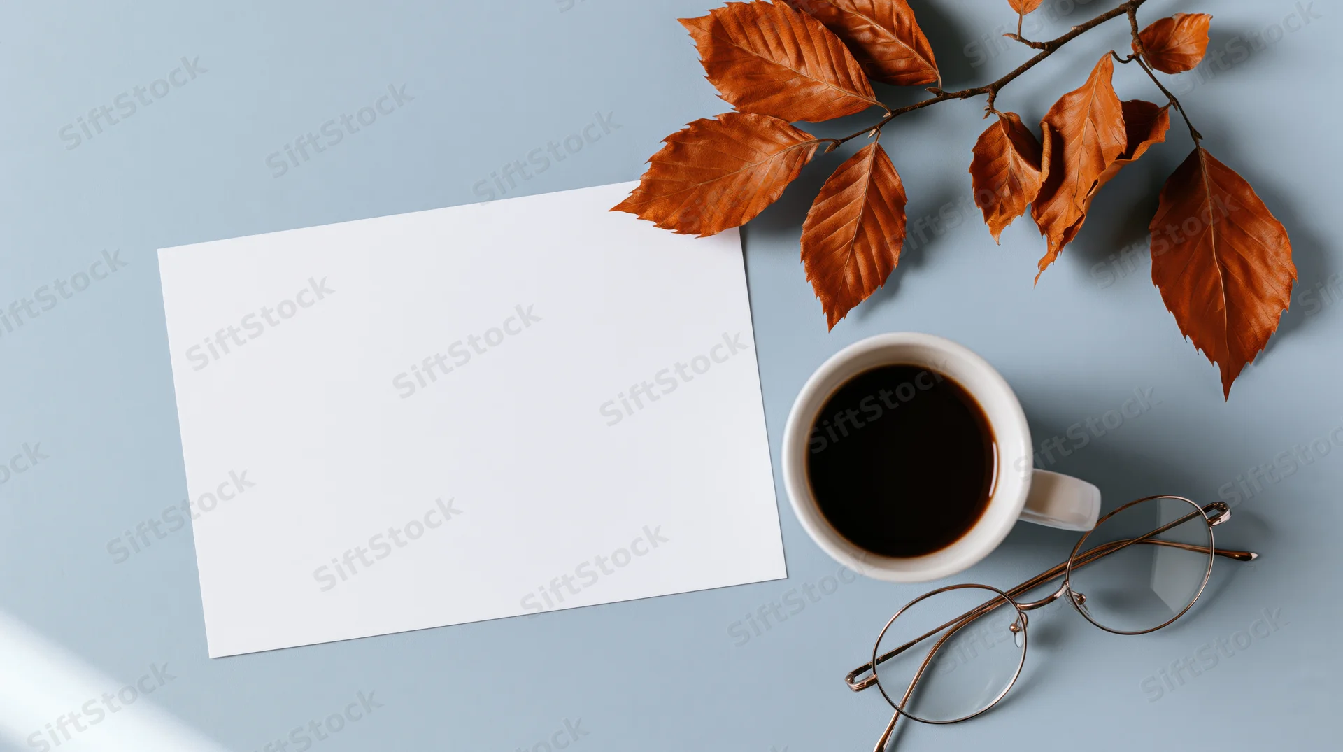 Blank white card with coffee cup, autumn leaves and glasses on blue surface