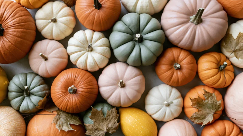 Overhead flat lay of mixed colorful pumpkins and autumn leaves arranged on a surface