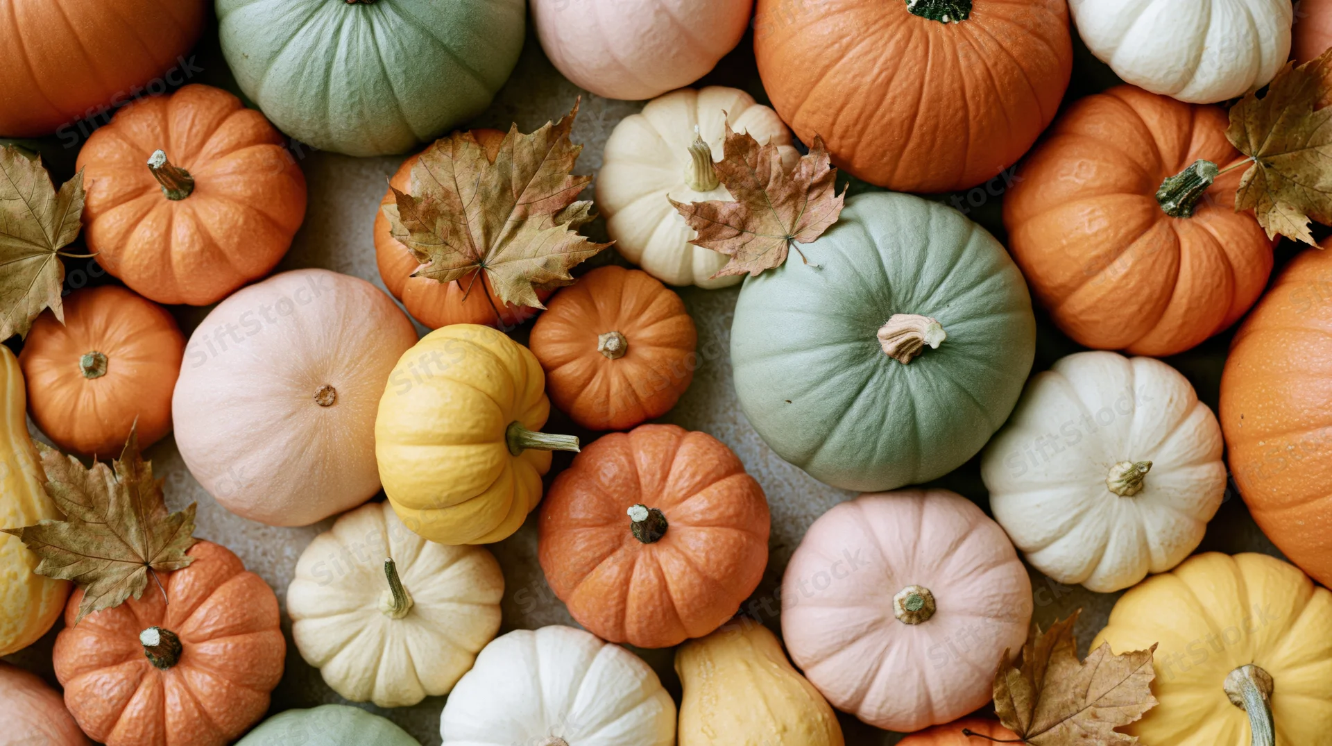 Overhead flat lay of colorful pumpkins and autumn leaves arranged on a surface