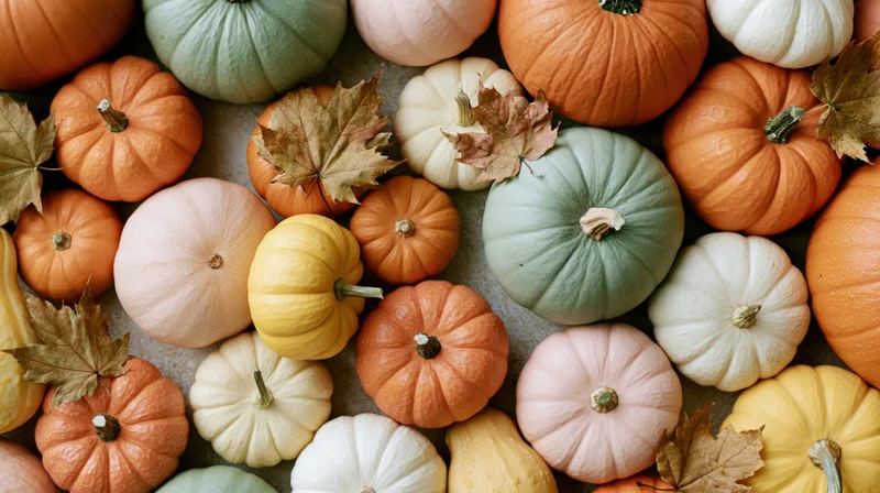Overhead flat lay of colorful pumpkins and autumn leaves arranged on a surface