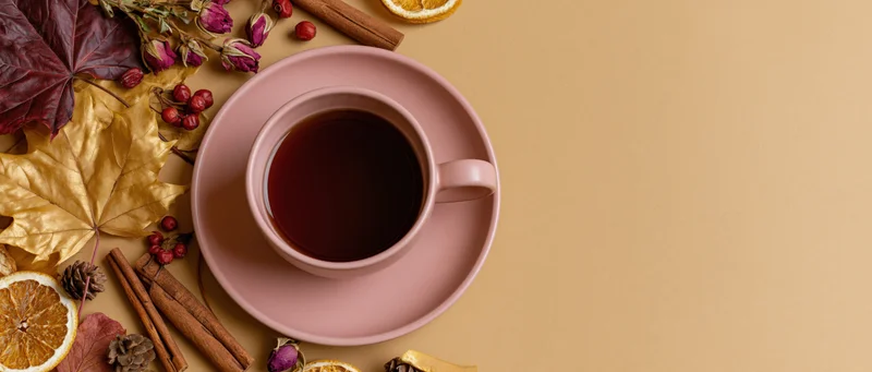 Pink ceramic cup of dark tea on saucer surrounded by autumn leaves, cinnamon sticks, dried oranges and berries on beige surface