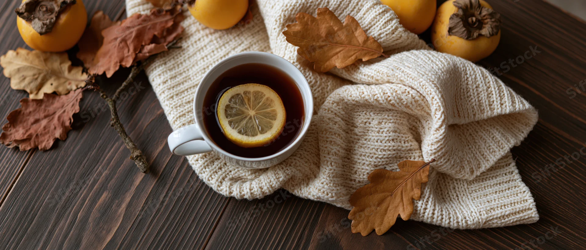 White ceramic mug with lemon tea on knitted sweater and autumn leaves on wooden table