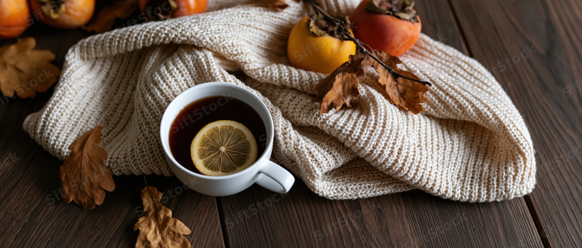White ceramic mug with tea and lemon slice on a knitted sweater surrounded by autumn leaves and persimmons on dark wooden table