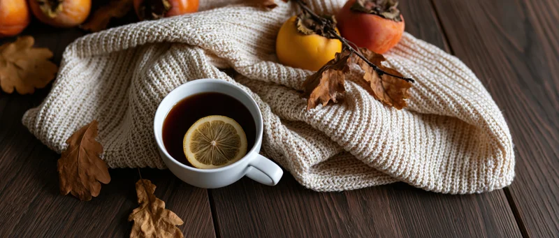 White ceramic mug with tea and lemon slice on a knitted sweater surrounded by autumn leaves and persimmons on dark wooden table