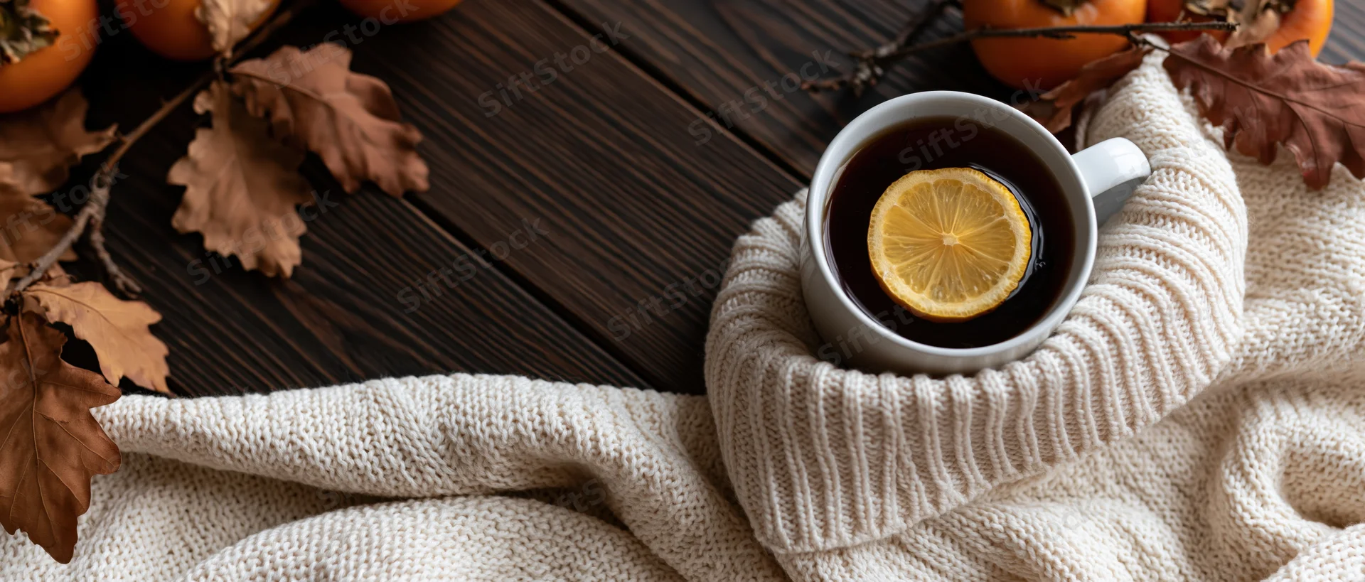 White ceramic mug with lemon tea resting on a knitted sweater on dark wooden surface surrounded by autumn leaves and pumpkins