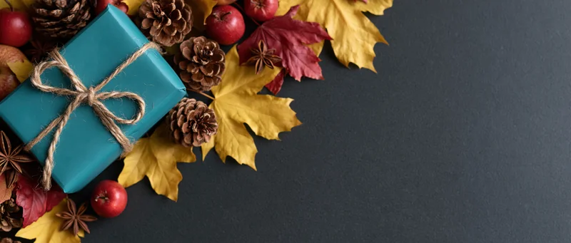 Autumn seasonal arrangement with gift box, pinecones, leaves and apples on dark surface