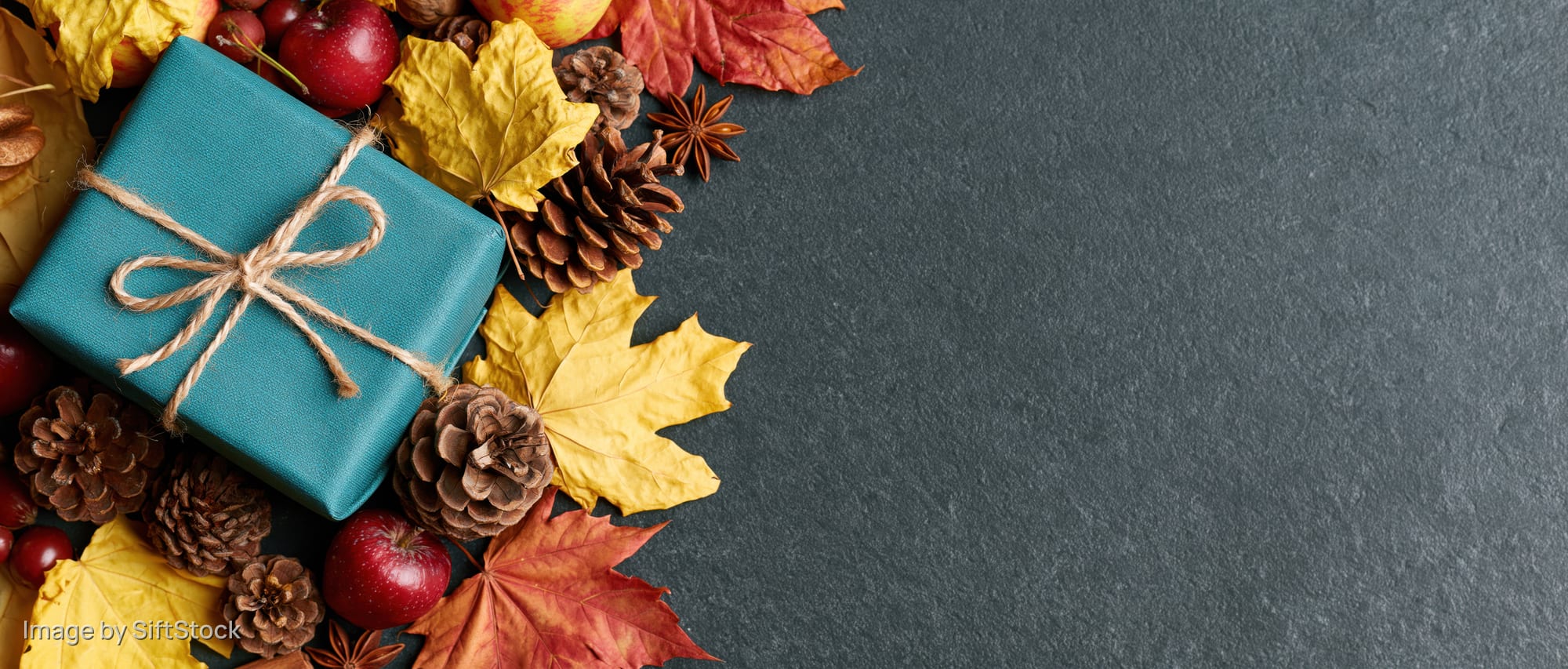 Autumn arrangement with gift box, pinecones, leaves and apples on dark surface