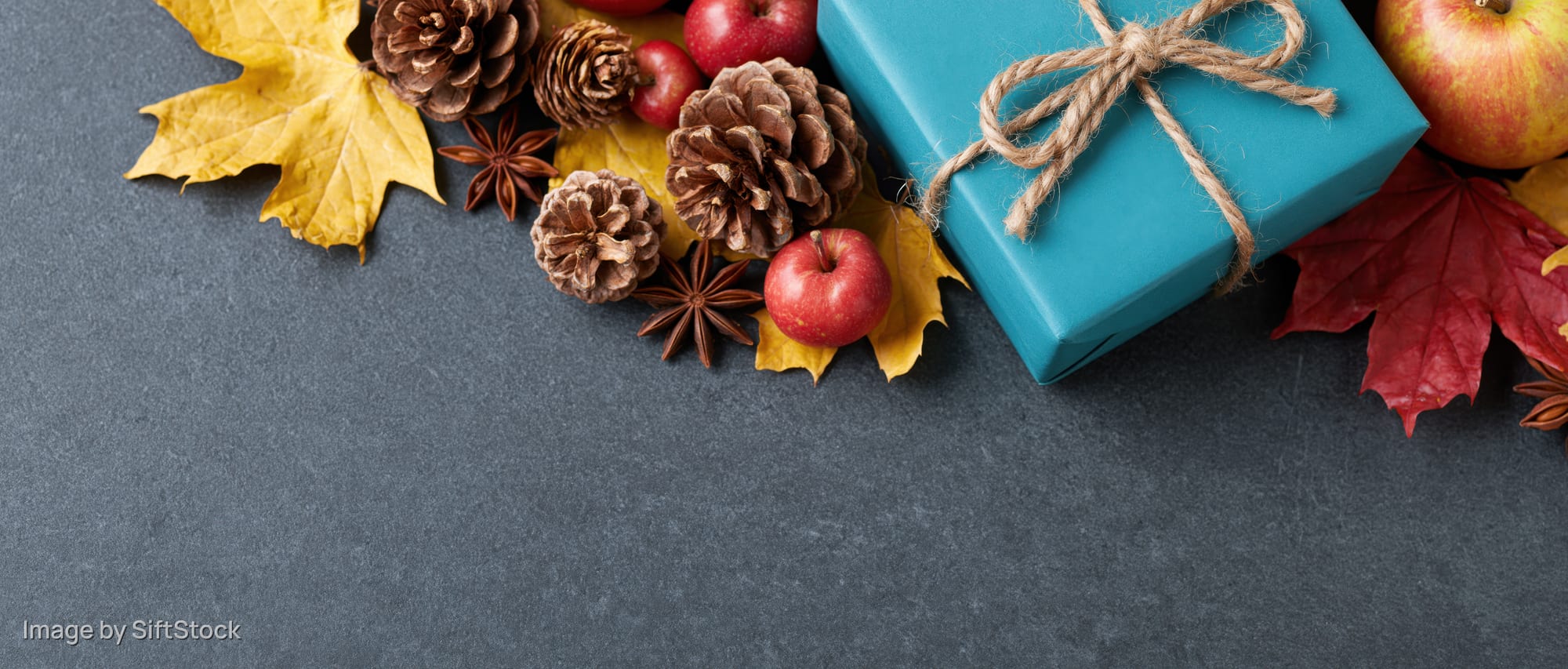 Autumn arrangement with pinecones, apples, leaves and a gift box on dark surface
