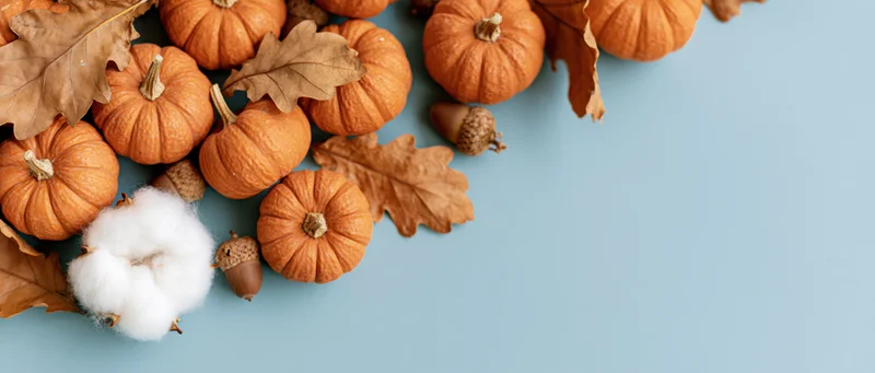 Small orange pumpkins and dried autumn leaves arranged on a blue surface with copyspace