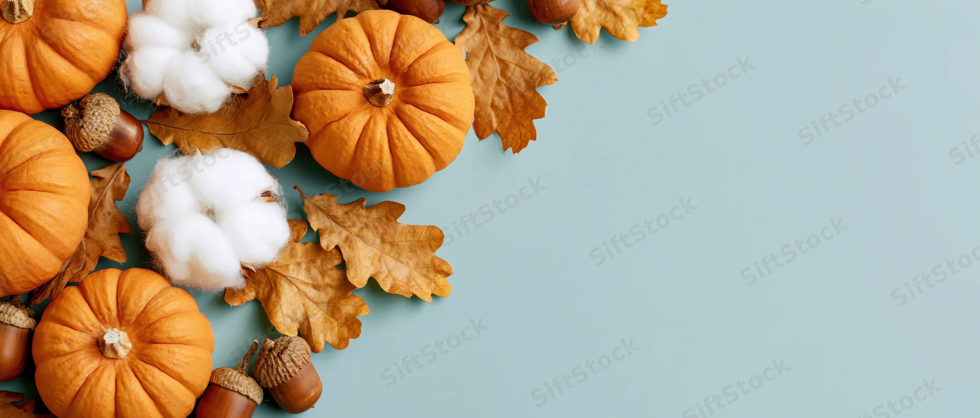 Small orange pumpkins and dried autumn leaves arranged in a flat lay on a light blue surface with copyspace