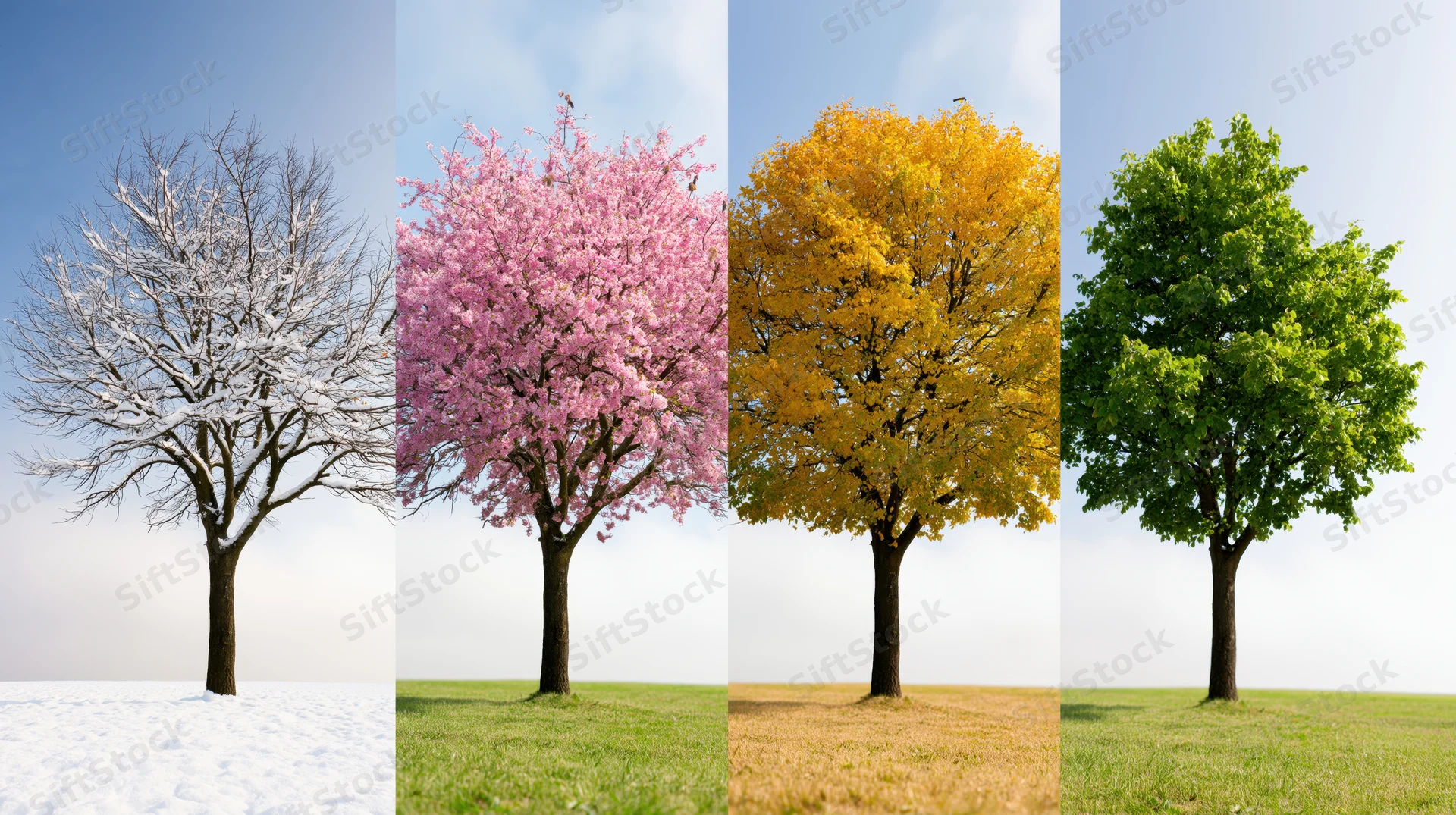 Four-panel composite showing a single tree in winter, spring, summer, and autumn across a grassy field under a clear sky