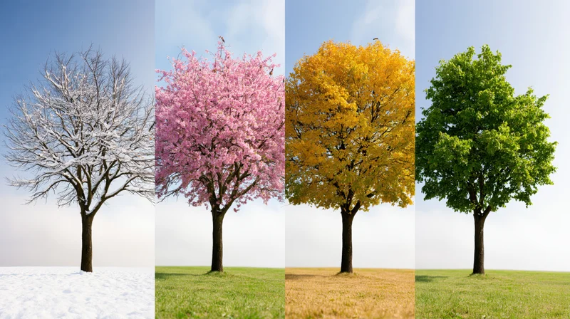 Four-panel composite showing a single tree in winter, spring, summer, and autumn across a grassy field under a clear sky
