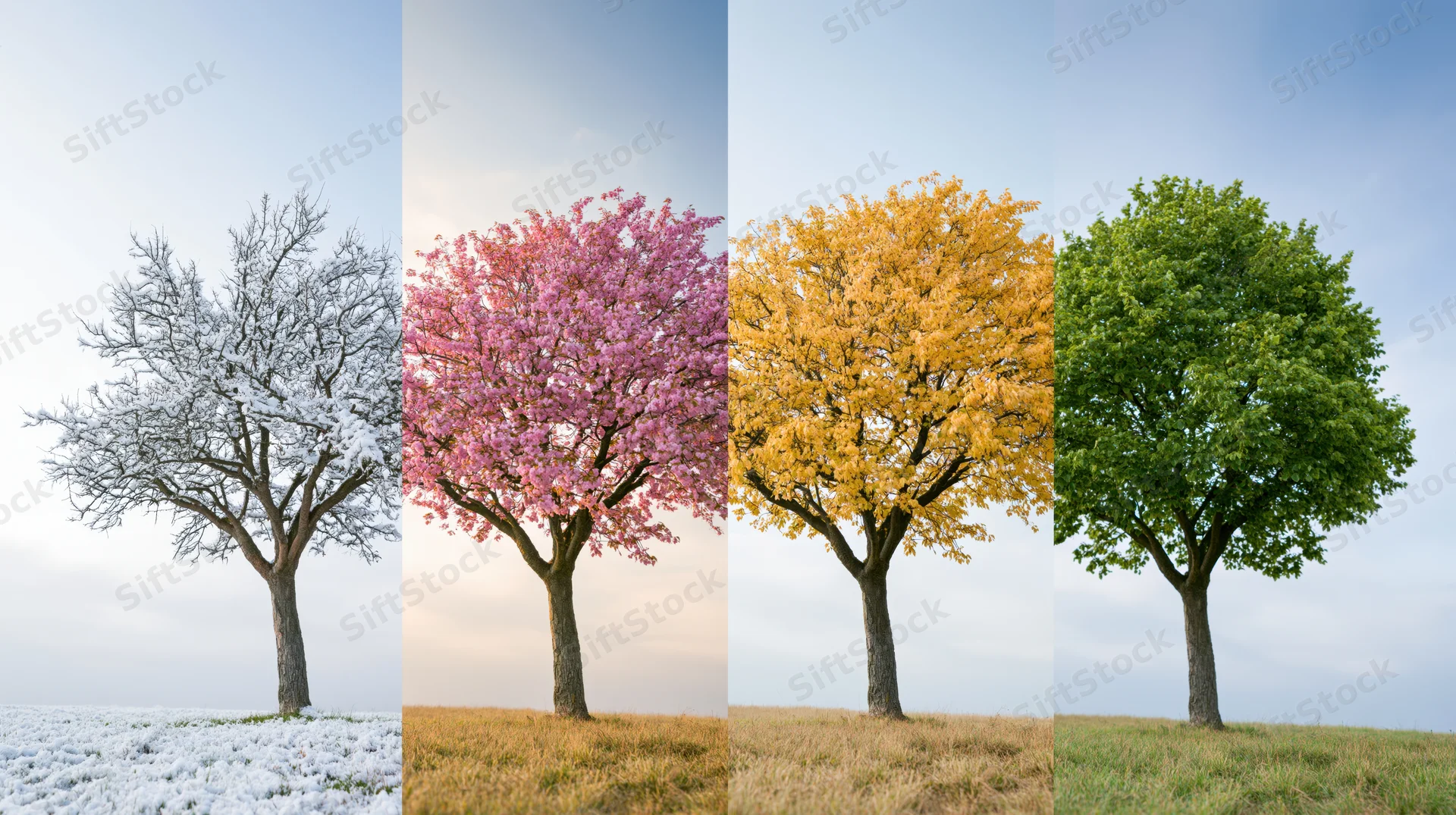Four-panel composite showing a single tree in winter, spring, summer and autumn across a grassy field under a clear sky