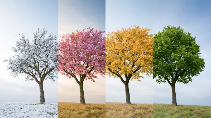 Four-panel composite showing a single tree in winter, spring, summer and autumn across a grassy field under a clear sky