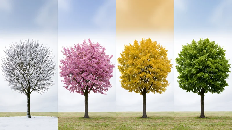 Four-panel composite showing a single tree in winter, spring, summer and autumn across a grassy field under sky