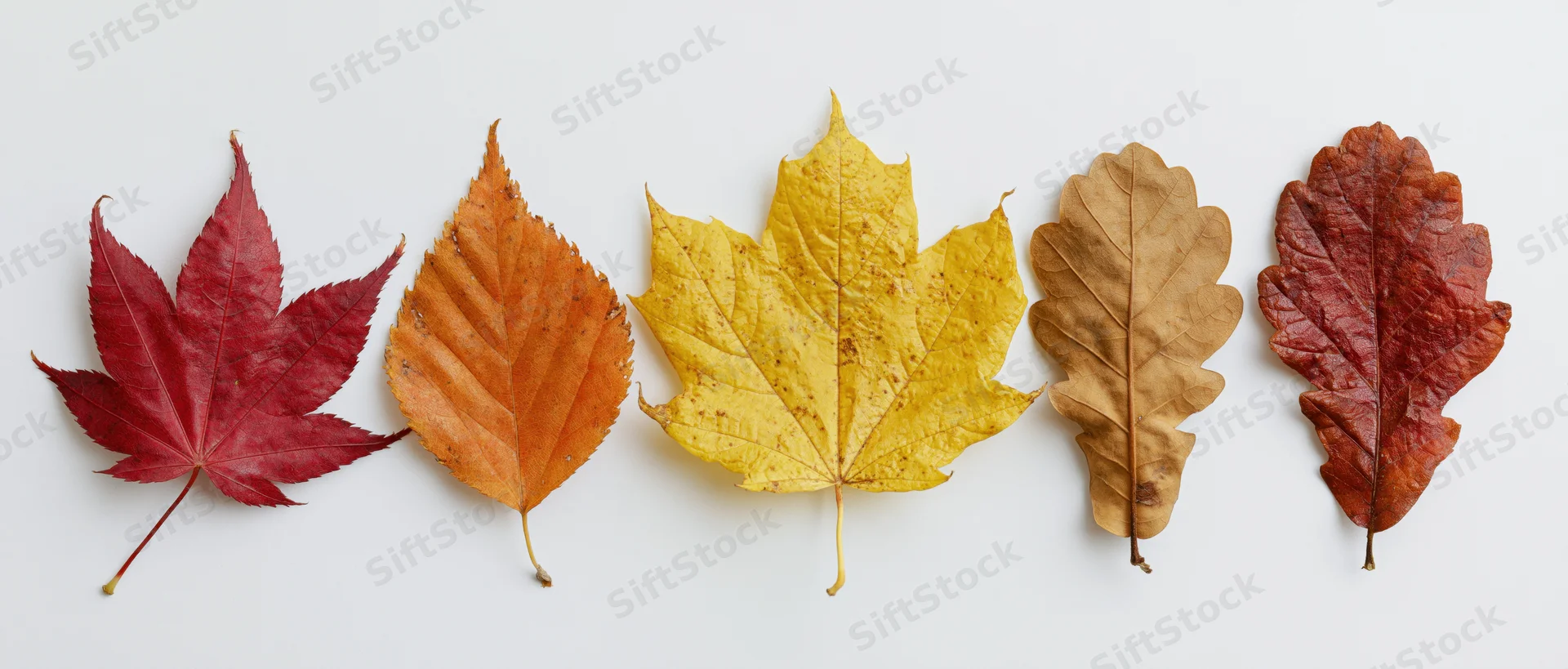 Five autumn leaves arranged in a horizontal row on a white background