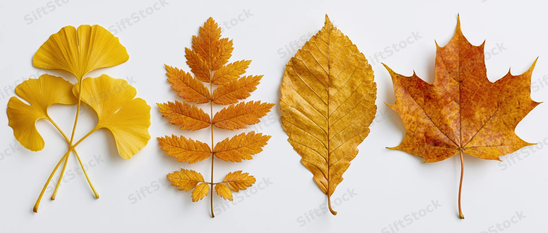 Four autumn leaves arranged in a row on a white background