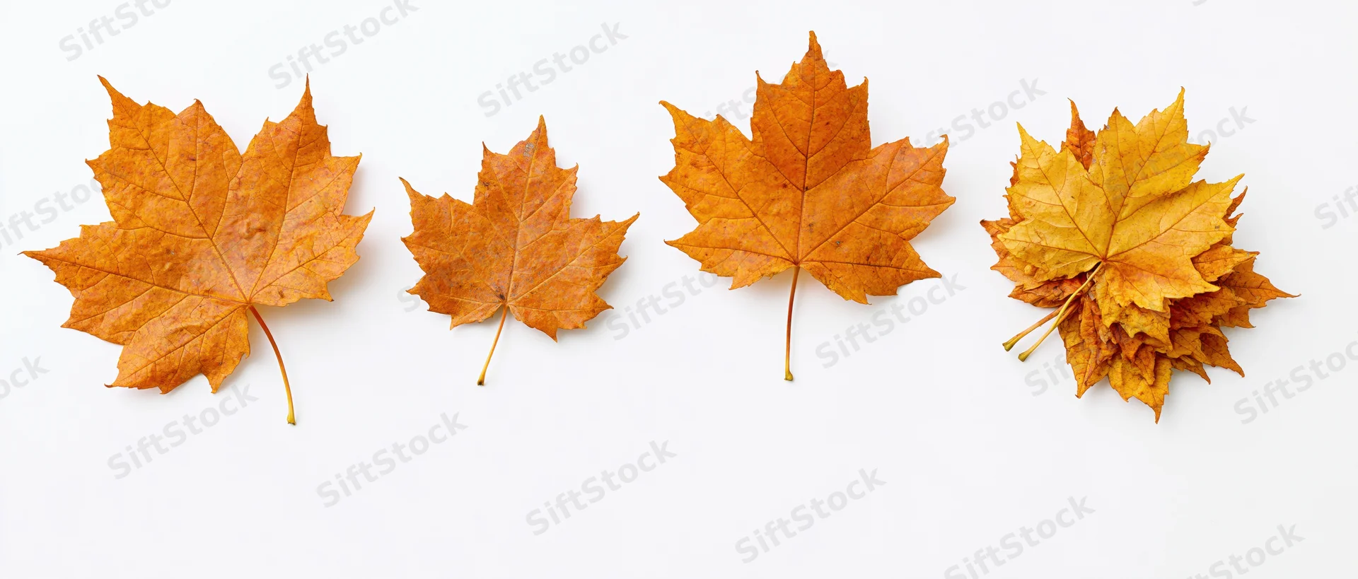 Four autumn maple leaves arranged in a row on a white background
