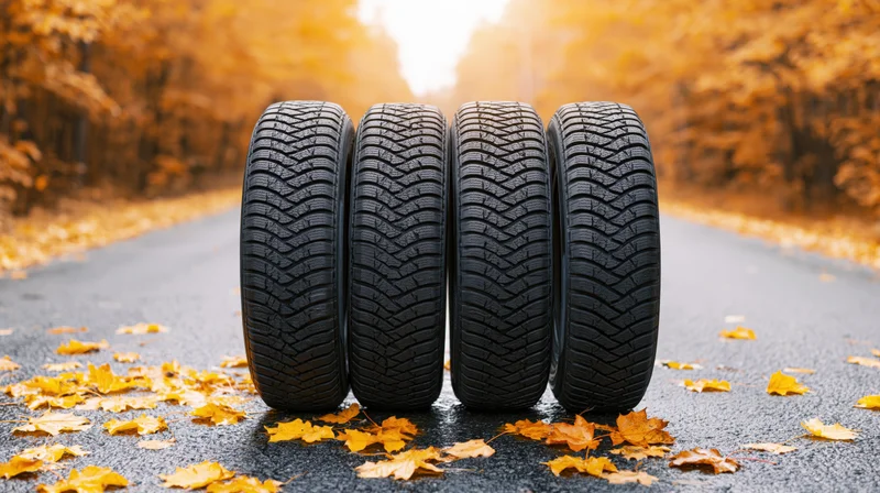 Four black winter car tires standing upright on a leaf-covered road in autumn forest