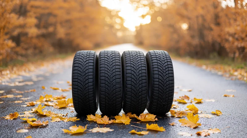Four black winter car tires standing upright on a leaf-covered road in autumn