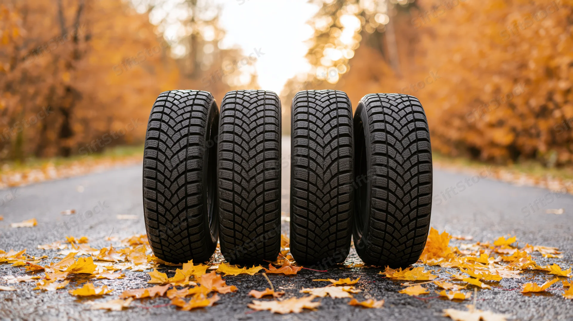 Four black winter car tires standing upright on a leaf-covered road in autumn