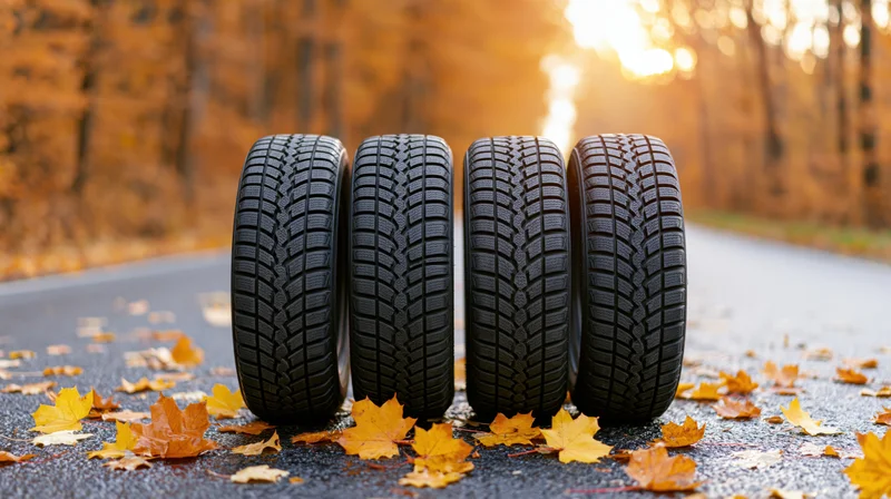 Four black winter car tires standing upright on a leaf-covered road in autumn forest