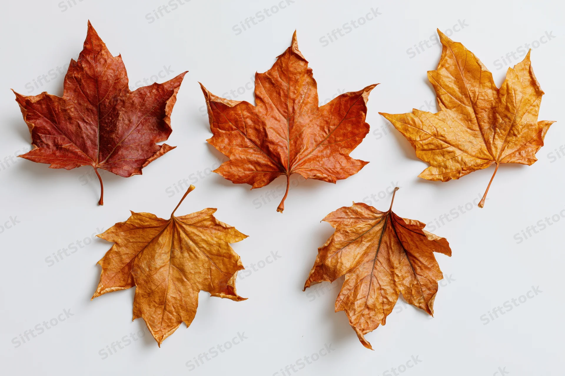 Five dried maple leaves arranged in a flat lay on a white surface