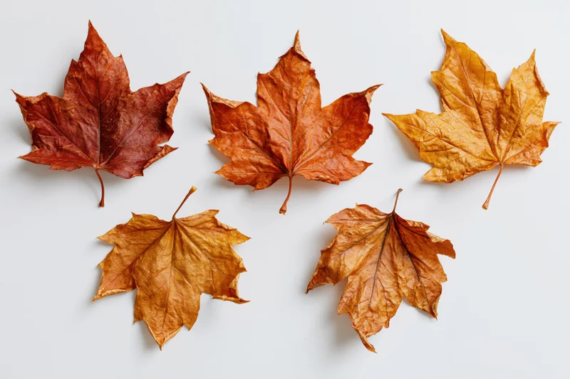 Five dried maple leaves arranged in a flat lay on a white surface