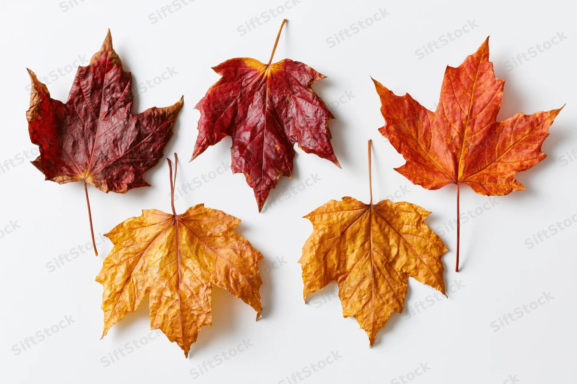 Five dried maple leaves arranged in a flat lay on a white surface