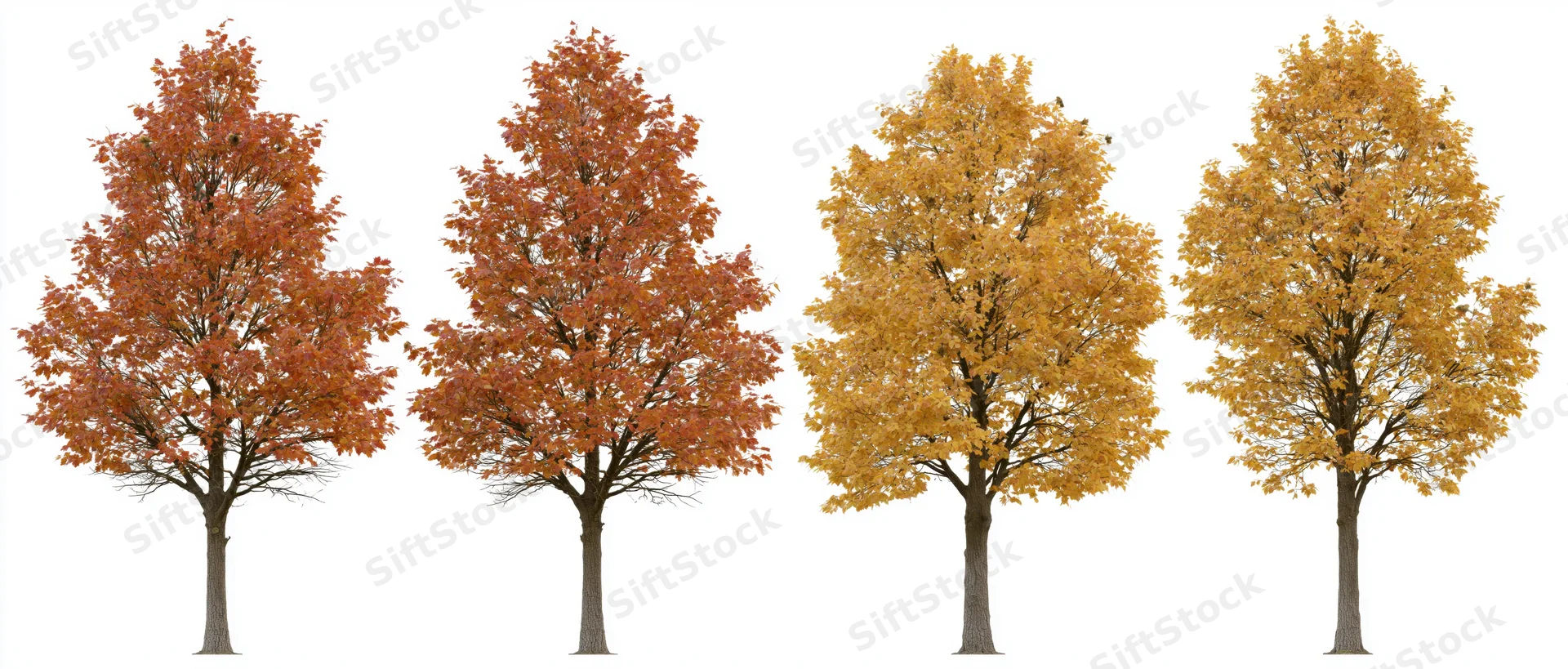 Four deciduous trees in peak autumn foliage arranged in a row against a white background