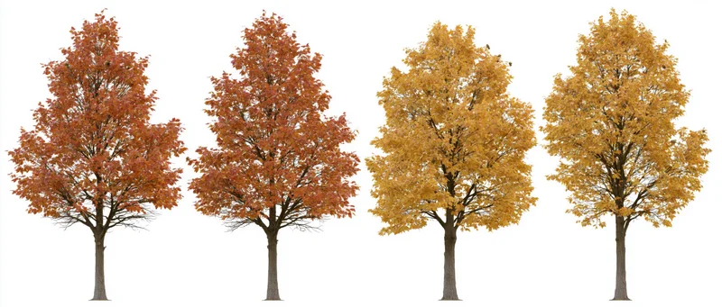 Four deciduous trees in peak autumn foliage arranged in a row against a white background