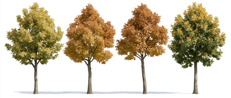 Four deciduous trees in autumn foliage arranged in a row on a white background