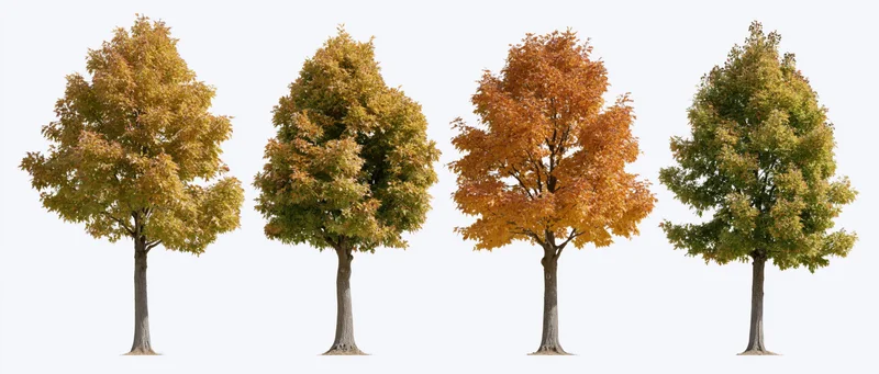 Four deciduous trees in autumn foliage arranged in a row on white background