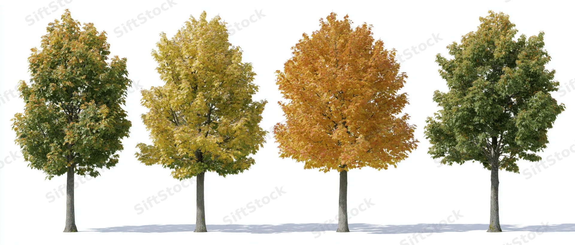 Four deciduous trees in autumn foliage arranged in a row on a white background