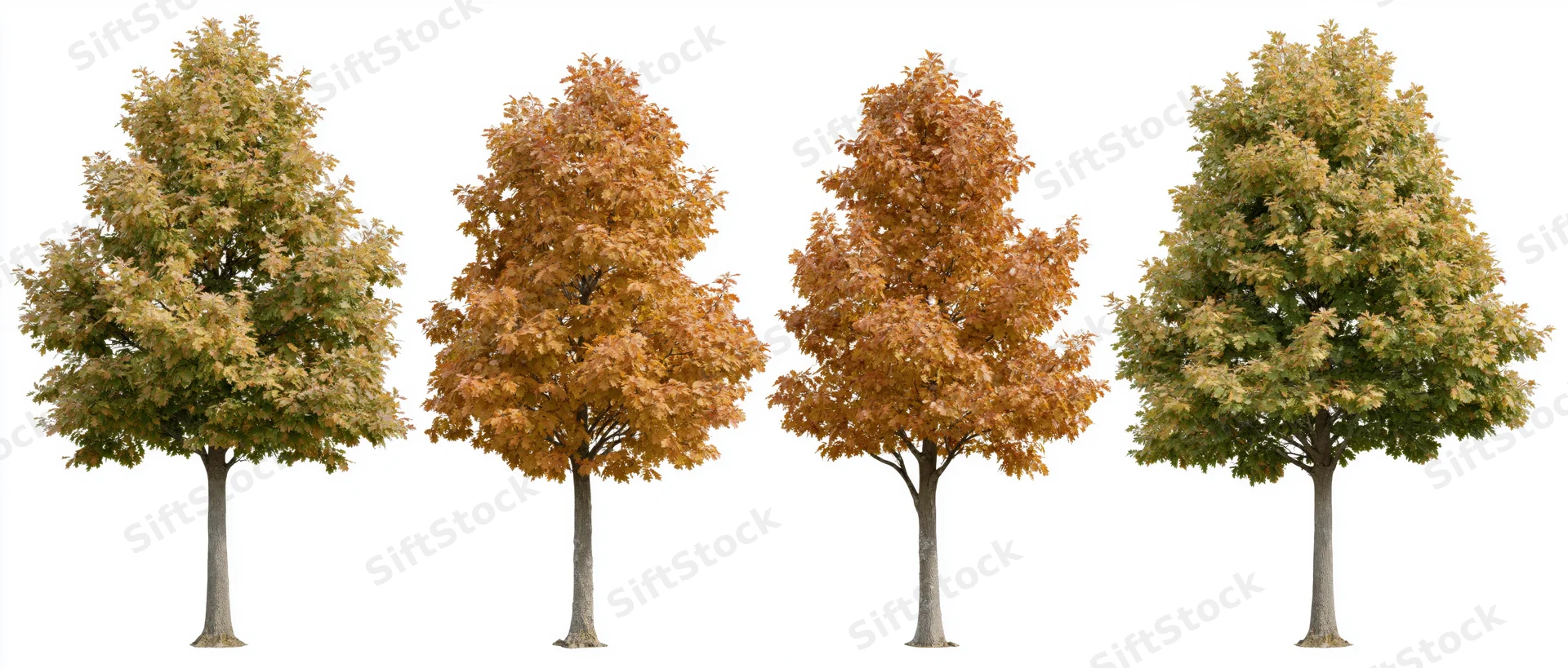Four deciduous trees in early-to-mid autumn foliage isolated on white background
