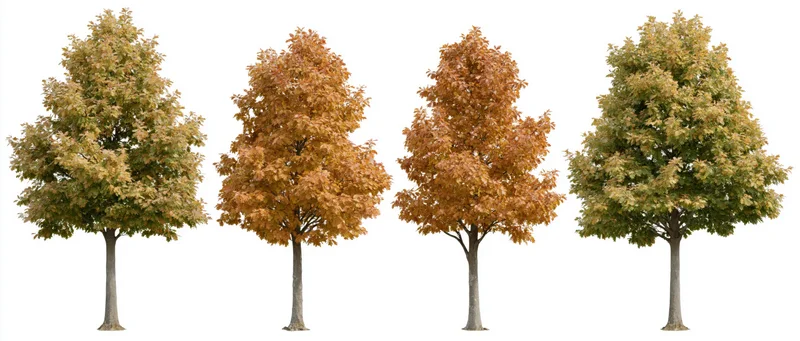 Four deciduous trees in early-to-mid autumn foliage isolated on white background