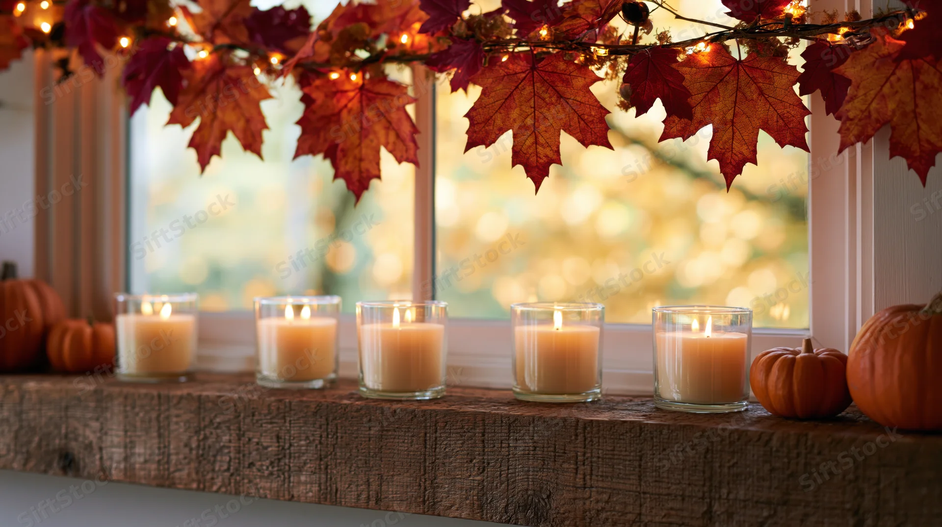 Lit candles in glass holders on a rustic wooden shelf by a window with autumn leaves and pumpkins