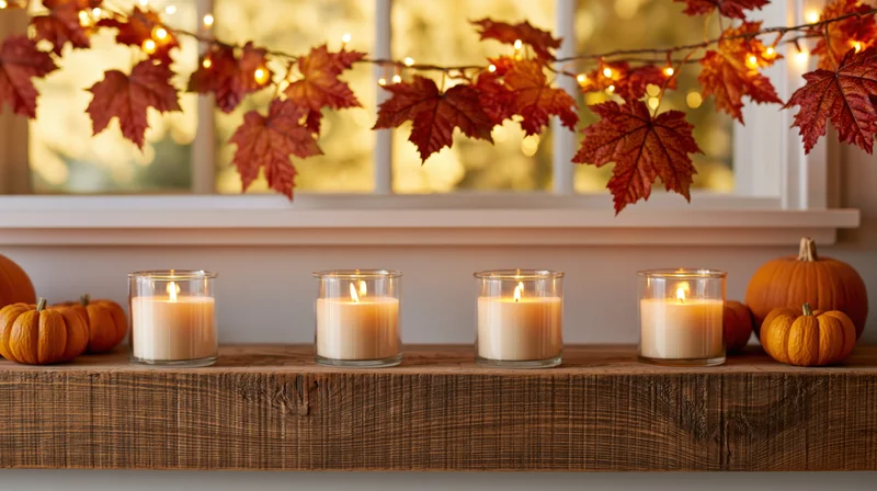 Four lit candles in glass holders on a wooden shelf with pumpkins and autumn leaves by a window