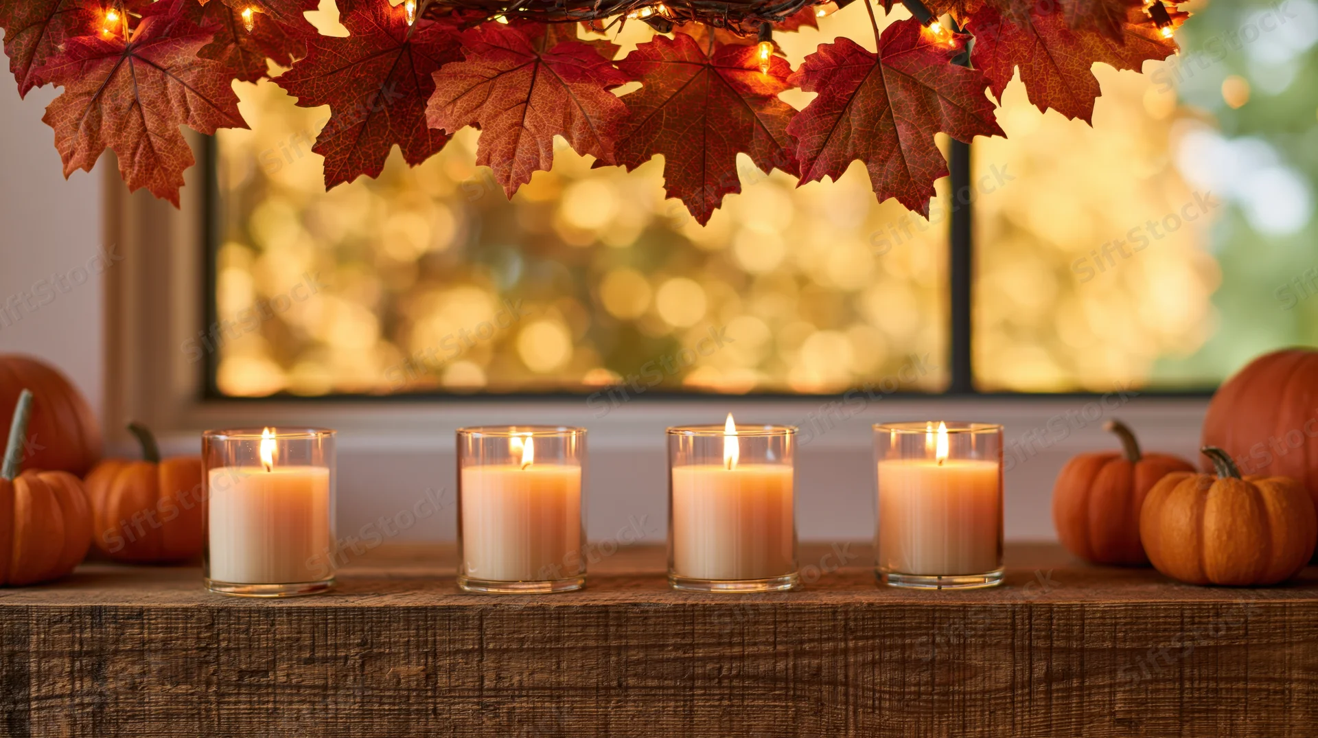 Four lit candles in glass holders arranged on a rustic table with autumn leaves and pumpkins by a window