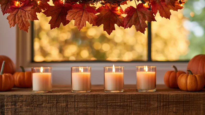 Four lit candles in glass holders arranged on a rustic table with autumn leaves and pumpkins by a window