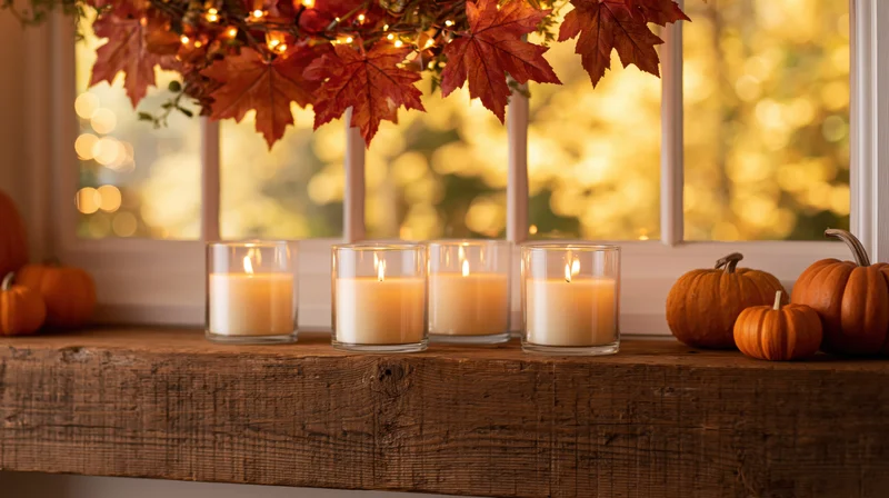 Four lit candles in glass holders on a wooden windowsill with pumpkins and autumn leaves above, framed by a window with warm bokeh light outside