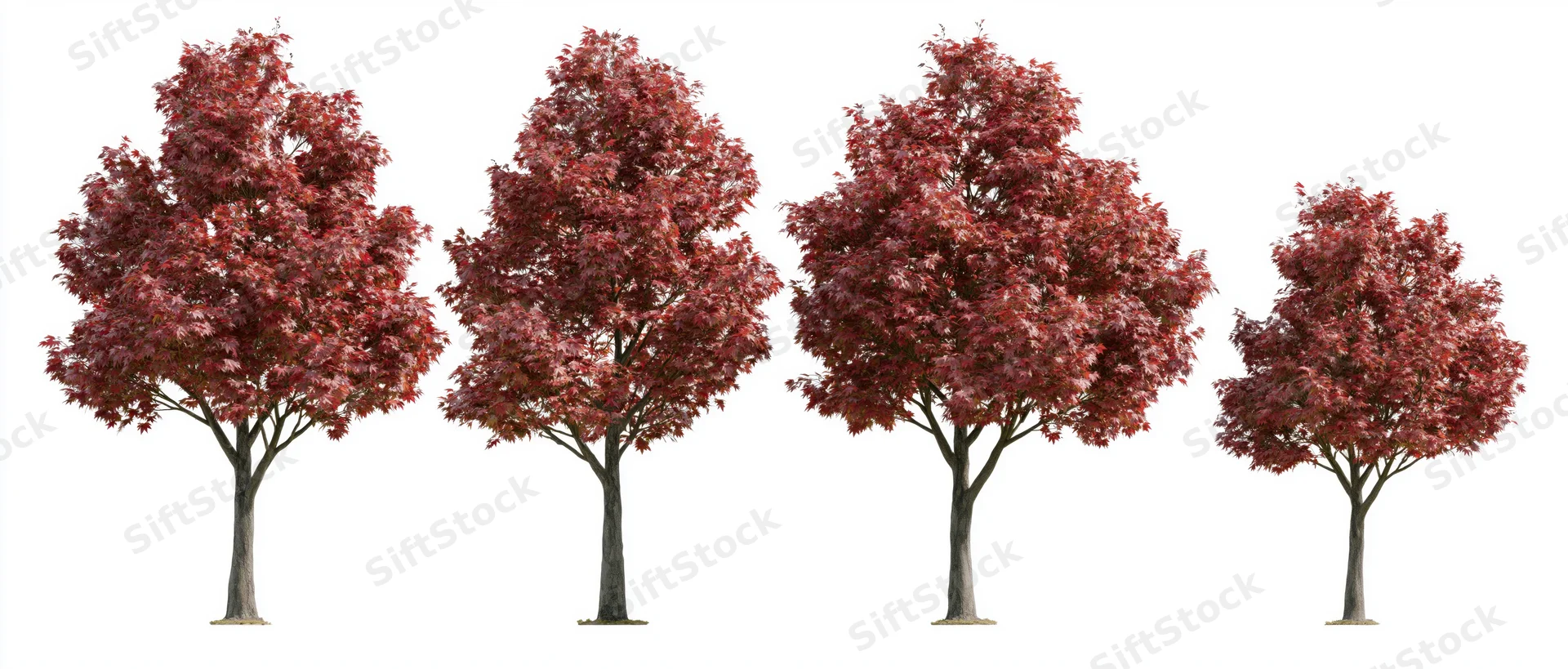 Four red maple trees in autumn foliage arranged side by side on white background