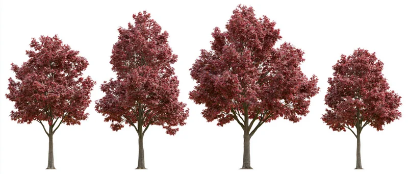 Four red maple trees in autumn foliage arranged side by side on white background