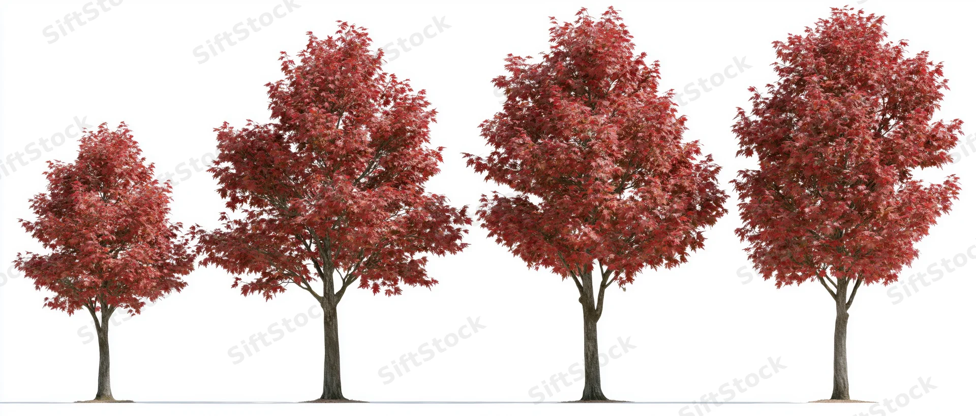 Four red maple trees in autumn foliage arranged in a row against white background