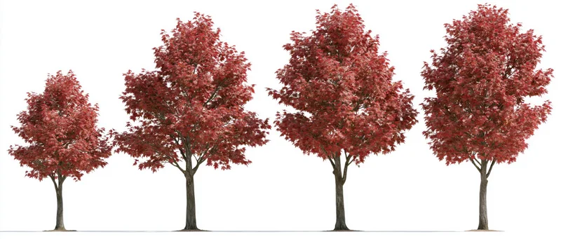 Four red maple trees in autumn foliage arranged in a row against white background