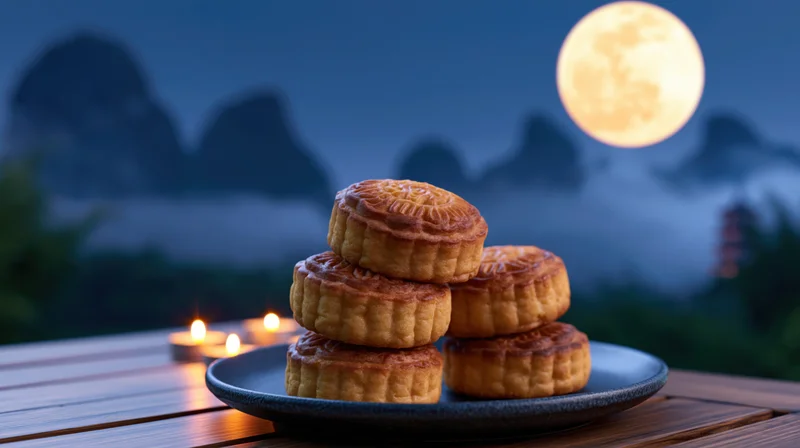 Traditional chinese mooncakes stacked on a dark ceramic plate outdoors at night with full moon and candles